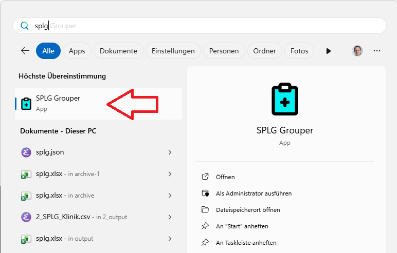 Menu Démarrer avec recherche SPLG